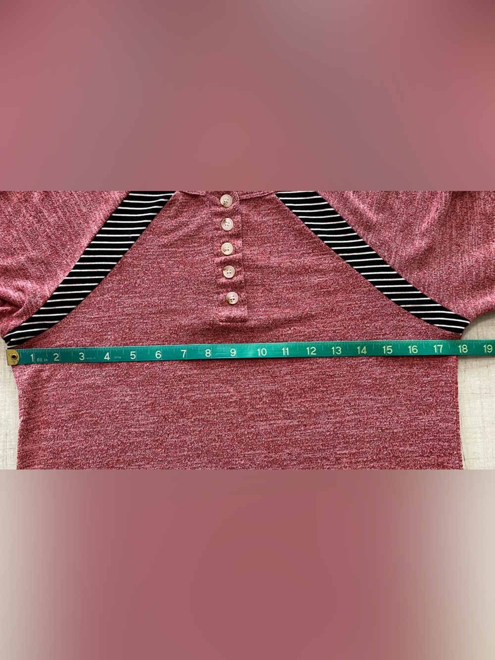 Striped Sleeve Henley Pullover - Dusty Rose & Black - Picture 7 of 9